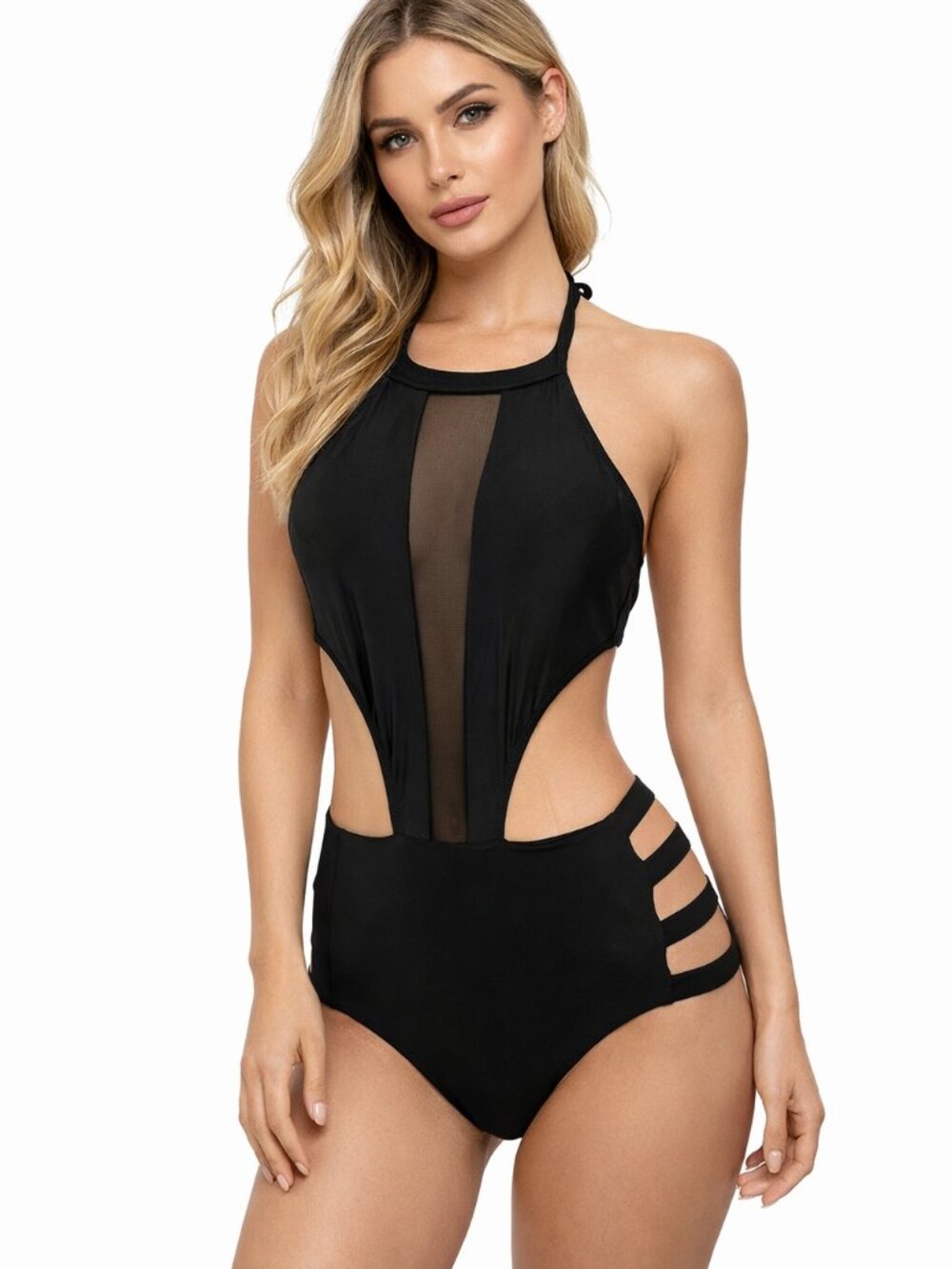Beachsissi Black Cutout One-Piece Swimsuit with Mesh Detail – Size S - NWT